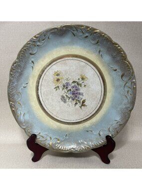 13 Inch Stained Crazed Antique Serving Platter Hand Painted Unmarked